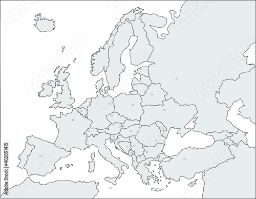 Europakarte grau / weiß mit schwarzen Ländergrenzen und den Hauptstädten 