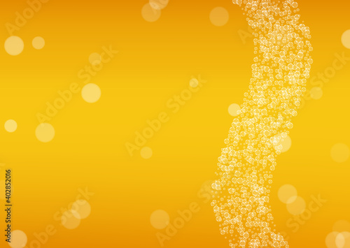 Craft beer background. Lager splash. Oktoberfest foam. restaurant banner template. Czech pint of ale with realistic white bubbles. Cool liquid drink for Golden glass with craft beer background.