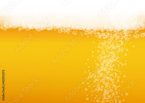 Splash beer. Background for craft lager. Oktoberfest foam. Pour pint of ale with realistic white bubbles. Cool liquid drink for bar menu layout. Yellow mug with splash beer.