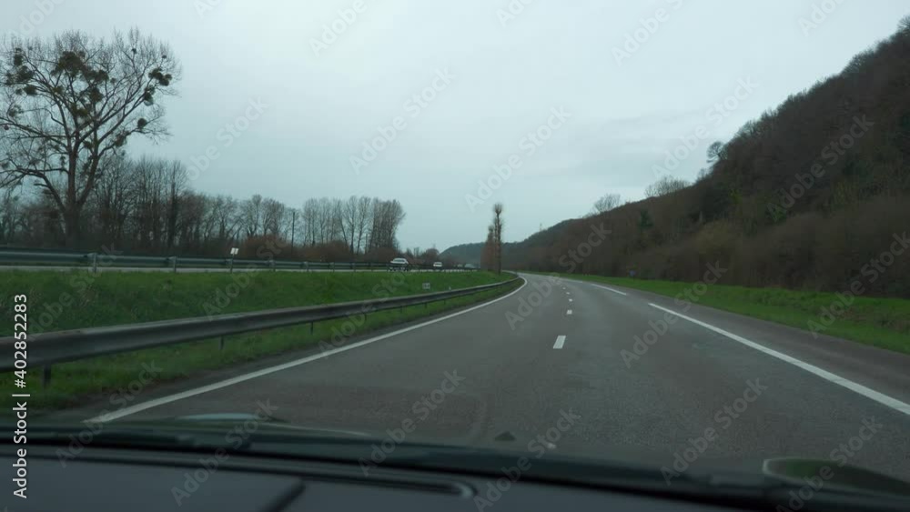 4K 60p Empty Highway Expressway Suburban Road. Coronavirus Lock-down Quarantine. Travelling by Car Windshield Hood POV. France Europe 4K 60p Empty Highway Expressway Suburban Road. Coronavirus Lock-down Quarantine. Travelling by Car Windshield Hood POV. France Europe
