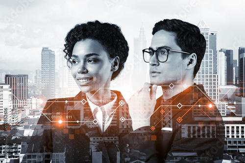 Canvas Print Businessman and businesswoman as a part of corporate team pondering about technology as a business necessity for tremendous growth in commerce