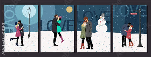 Winter Romantic Illustrations Couples in Love, Kissing People 