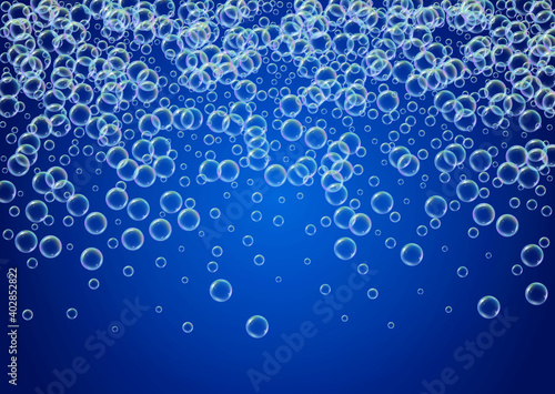Soap cleaning foam background. Shampoo bubbles and suds. 3d vector illustration design. Trendy spray and splash. Realistic water frame and border. Blue colorful liquid soap cleaning.