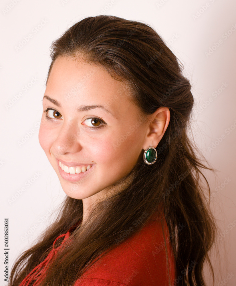 young pretty brunette woman smiling happy on white background, lifestyle people concept young pretty brunette woman smiling happy on white background, lifestyle people concept
