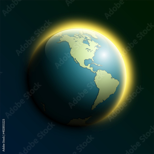 World map rising sun. Solar eclipse globe icon  space sunlight. Planet Earth sunny glow background view from space. Continents world Sunshine picture. Colorful solar eclipse astro poster presentation