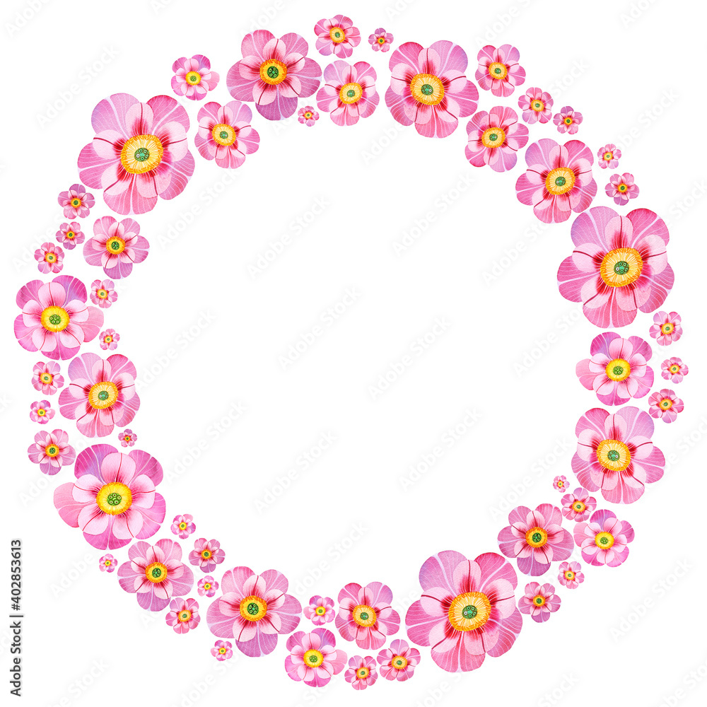 Watercolor pink peony flowers round frame, floral wreath invitation on white background