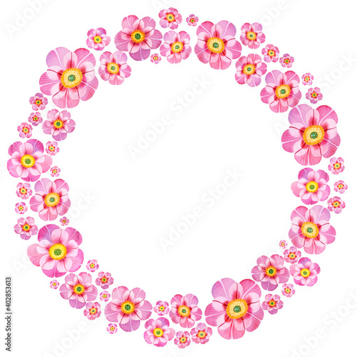 Watercolor pink peony flowers round frame, floral wreath invitation on white background