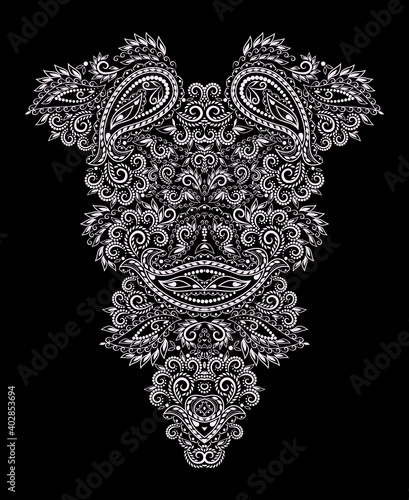 Neckline ethnic design. Floral white and black traditional pattern. Vector print with decorative elements and paisley for embroidery, for women's clothing.