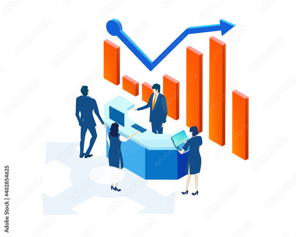 Isometric resection desk. Business people working together, having a meeting, discussing progress, making agreements. Business management, advisory, communications and finance 