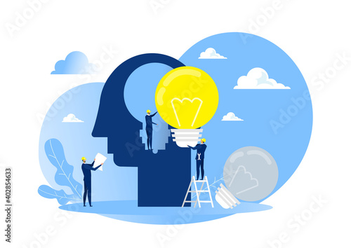 Business man in a suit holding a light bulb on top head human chang idea concept vector