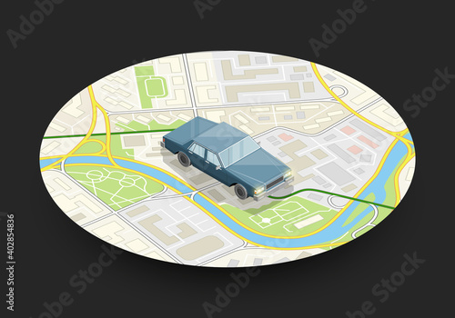 Isometric car sharing banner. Auto transportation, route circle map, Fast automobile logistic 3d transport, application isometry city auto car, infographic vehicle. Low poly style car vehicle model