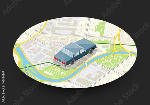 Isometric car sharing banner. Auto transportation, route circle map, Fast automobile logistic 3d transport, application isometry city auto car, infographic vehicle. Low poly style car vehicle model