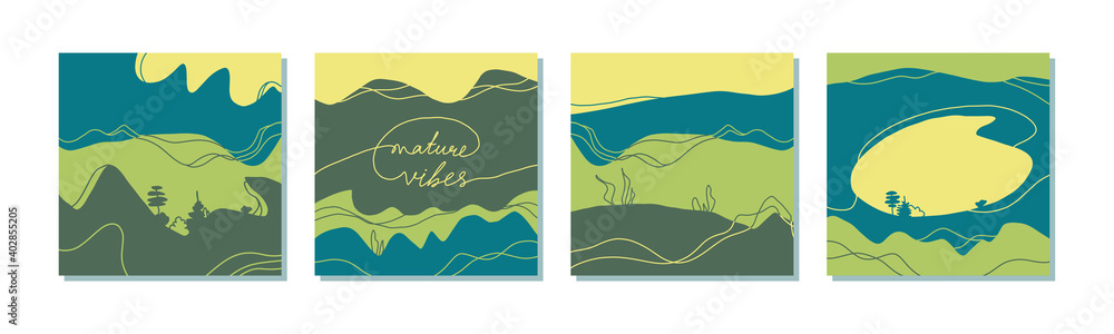 Green vibes hand drawn landscapes. Set of abstract heels and leaves in flat cartoon promotional design. Fresh natural illustration. Concept vector templates for social media, websites, poster, cover.