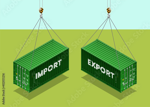 3D Isometric two 20 foot container delivery with EXPORT and IMPORT text. Large metal 20 ft containers for transportation shipping cargo. illustration
