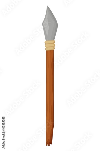 Stone age spear, prehistoric weapon or tool for hunting, detailed drawing in cartoon style isolated on white background stock vector illustration. Sharpened rock with wooden stick.