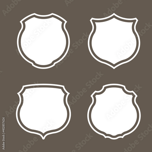 Protect guard shield plain line concept. Outline shield badge. Safety icon set. Privacy banner kit. Security label. Flat style protect sticker symbol shape. Safeguard simple sign. linear pictogram
