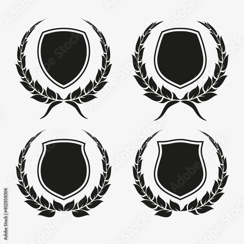 Protect guard shield wreath concept. Outline shield badge. Safety icon set. Privacy banner kit. Security label. Flat style protect garland sticker symbol shape. Safeguard simple sign wreath pictogram