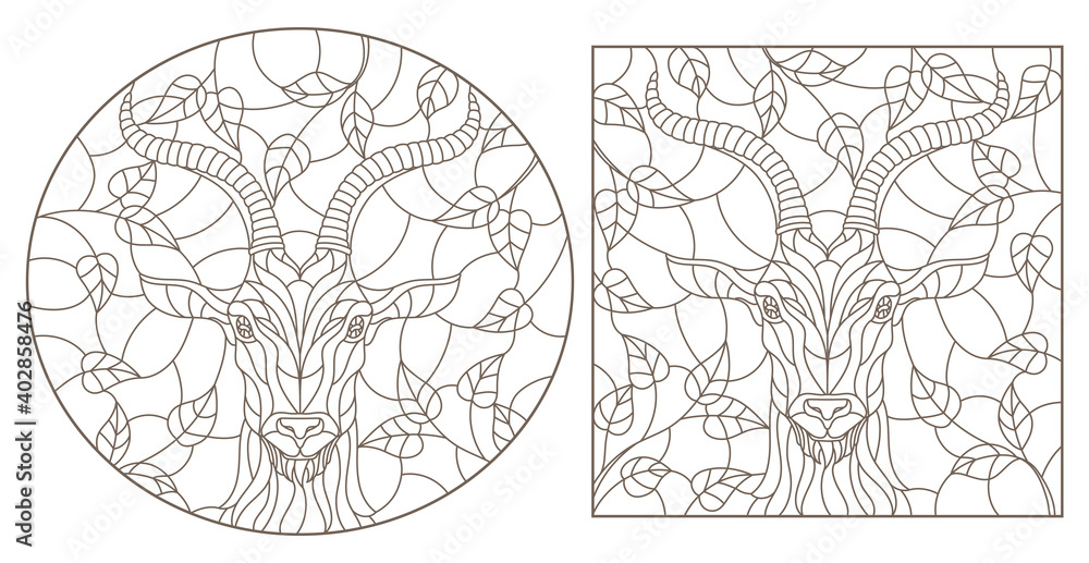 Set of contour illustrations in stained glass style with portraits of goats, dark contours on a white background