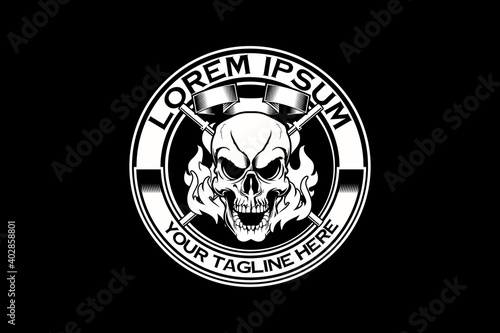 skull head with barbell logo vector template
