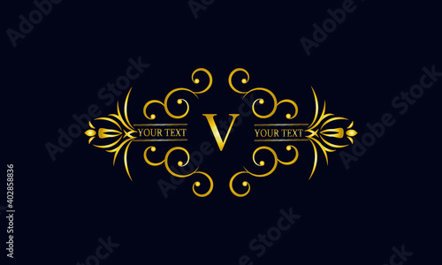 Elegant monogram design with letter V. Exclusive gold logo on a dark background for a symbol of business, restaurant, boutique, hotel, jewelry, invitations, menus, labels, fashion.
