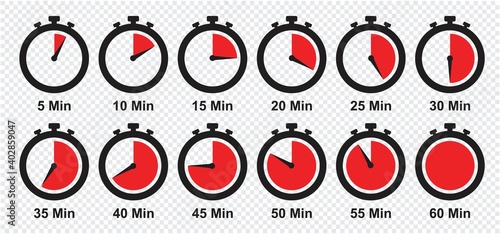 Timers icon set on transparent background. Stopwatch symbol. countdown clock counter timer vector illustration