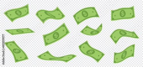 Flying Dollar Banknotes Vector. falling dollar bills and raining Isolated on Transparent Background. Falling Finance. Vector cartoon illustration