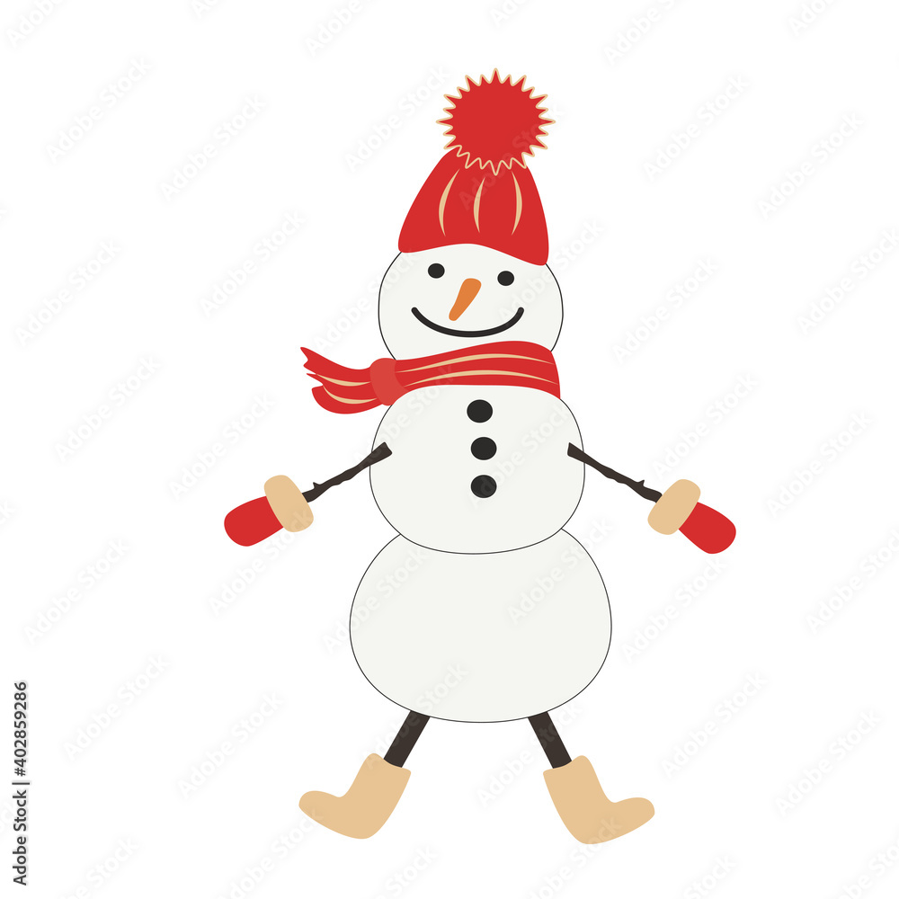 Cheerful snowman in a red cap with a pompon, scarf, mittens, felt boots. Hand-drawn vector, flat style. Funny winter character, snow sculpture. Design element for children illustrations, prints. Cheerful snowman in a red cap with a pompon, scarf, mittens, felt boots. Hand-drawn vector, flat style. Funny winter character, snow sculpture. Design element for children illustrations, prints.