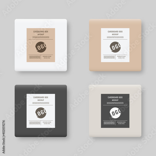 Package cardboard box set. Set of cardboard box with label template. Mockup vector isolated. Template design. Realistic vector illustration.