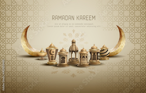 islamic greeetings card design ramadan kareem with beautiful crescent moon and golden lanterns