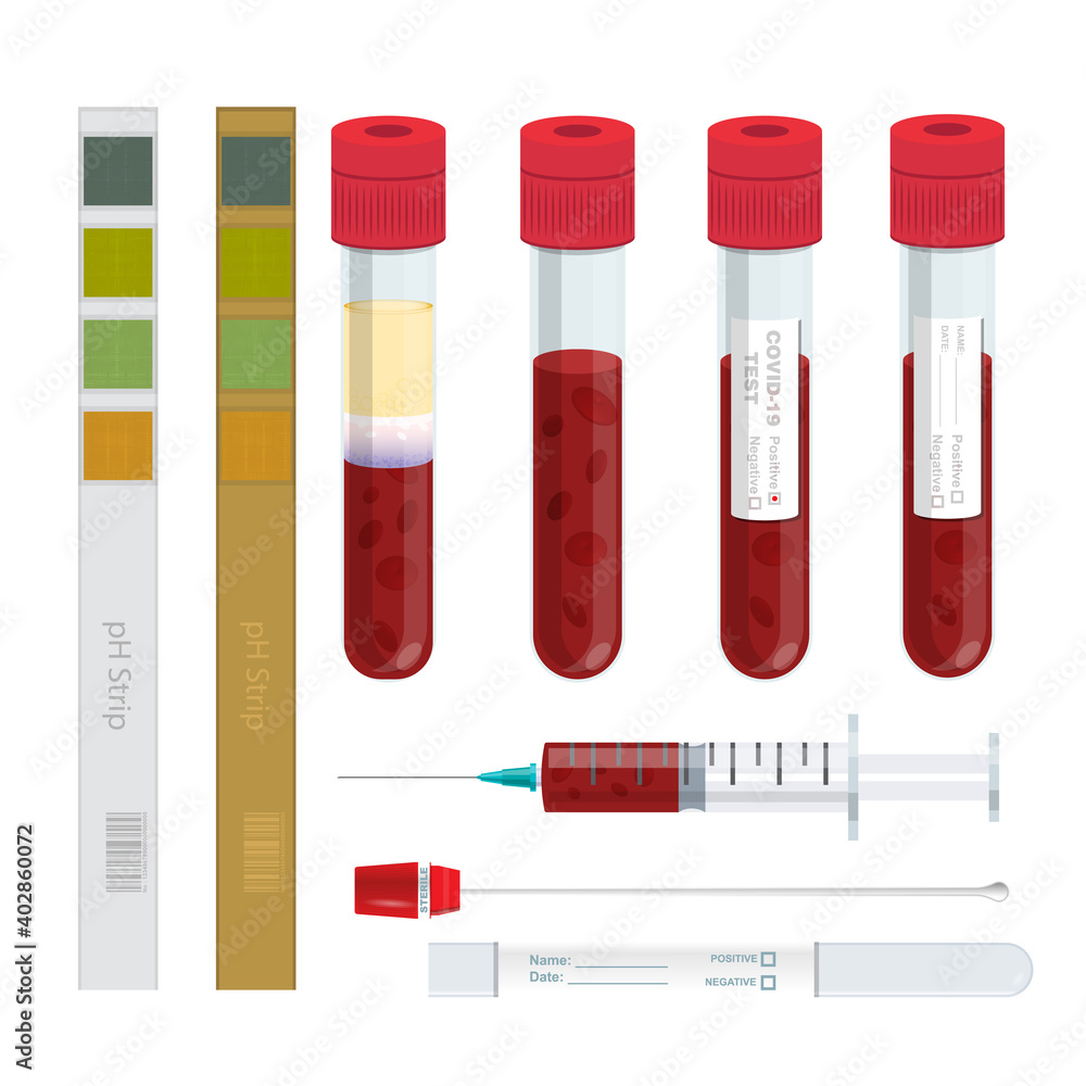 Set of tubes blood and syringe with blood strips test ph concept vector Set of tubes blood and syringe with blood strips test ph concept vector