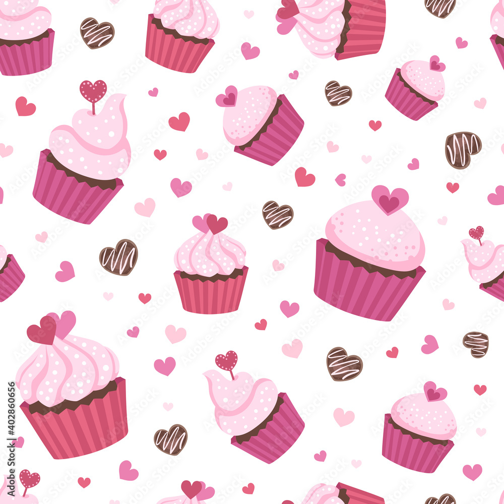 Seamless surface repeat vector pattern design with fluffy pink cupcakes in pink and red cups on white background with little brown, pink and red hearts suitable for Valentine's day, weddings and more Seamless surface repeat vector pattern design with fluffy pink cupcakes in pink and red cups on white background with little brown, pink and red hearts suitable for Valentine's day, weddings and more