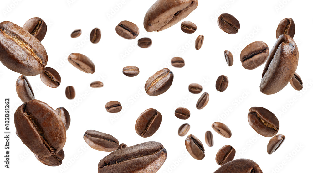 Obraz premium falling roasted aromatic coffee beans on white background