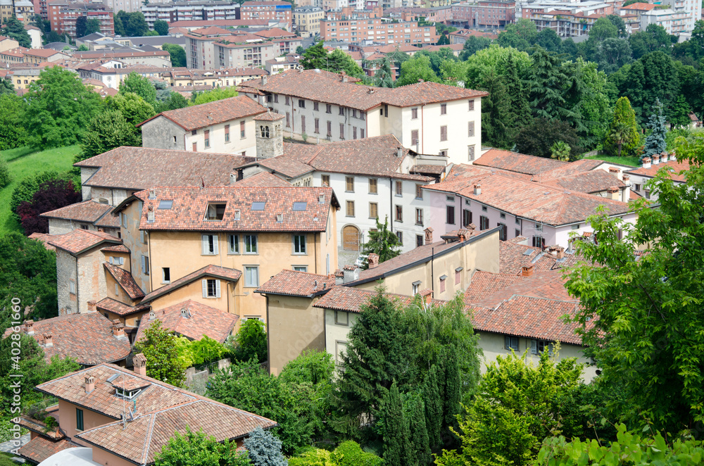 View to Bergamo old city, traditional buildings. Italy.