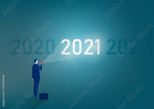 businessman stands with a flashlight to 2021 target cocept  vector