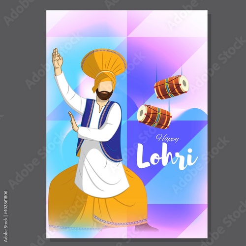 Vector illustration of Happy Lohri celebration concept banner, people dancing and celebrating with drum, Punjabi festival.