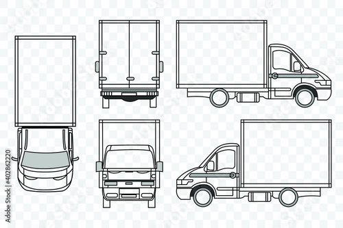 Vector small truck front view back view and side view. Cargo delivery. Solid and Flat color design. Truck car for transportation. Corporate identity. Transparent background