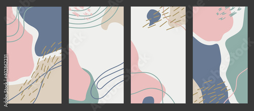 Instagram stories abstract background. Minimal trendy style colored shapes, line art, with copy space for text and image. Vector set of Templates for Social Highlight Covers, invitation, banner, flyer