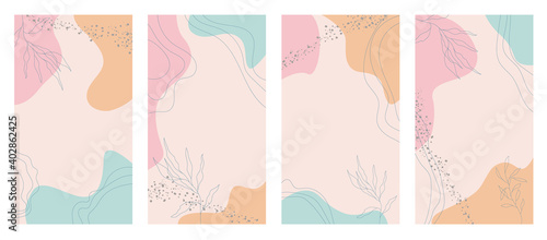Instagram story templates Bundle with copy space for text. Modern vector layouts set with hand drawn organic shapes and floral line art. Design for social media stories, digital post, banners, covers