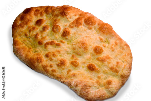 Schiacciata with extra virgin olive oil, typical Tuscan focaccia bread isolated on white background photo