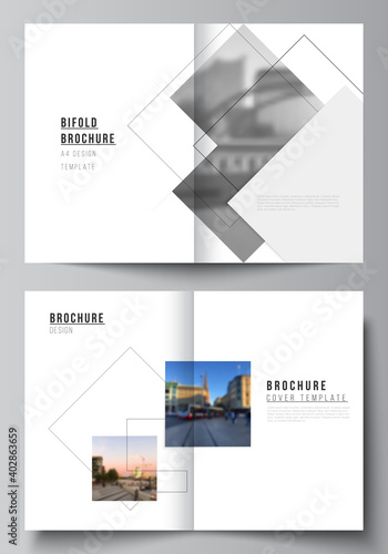 Vector layout of two A4 format cover mockups design templates with geometric simple shapes, lines and photo place for bifold brochure, flyer, magazine, cover design, book, brochure cover.
