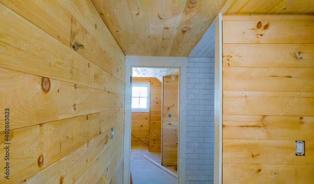 Interior wooden architecture construction house framing ceiling and wall boards of private house residential Interior wooden architecture construction house framing ceiling and wall boards of private house residential