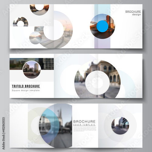 Vector layout of square covers templates for trifold brochure, flyer, magazine, cover design, book design, brochure cover. Background template with rounds, circles for IT, technology in minimal style.
