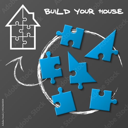 Puzzle home presentation. Kit "Build your house". Infographic template with explanatory text field for business statistics illustration