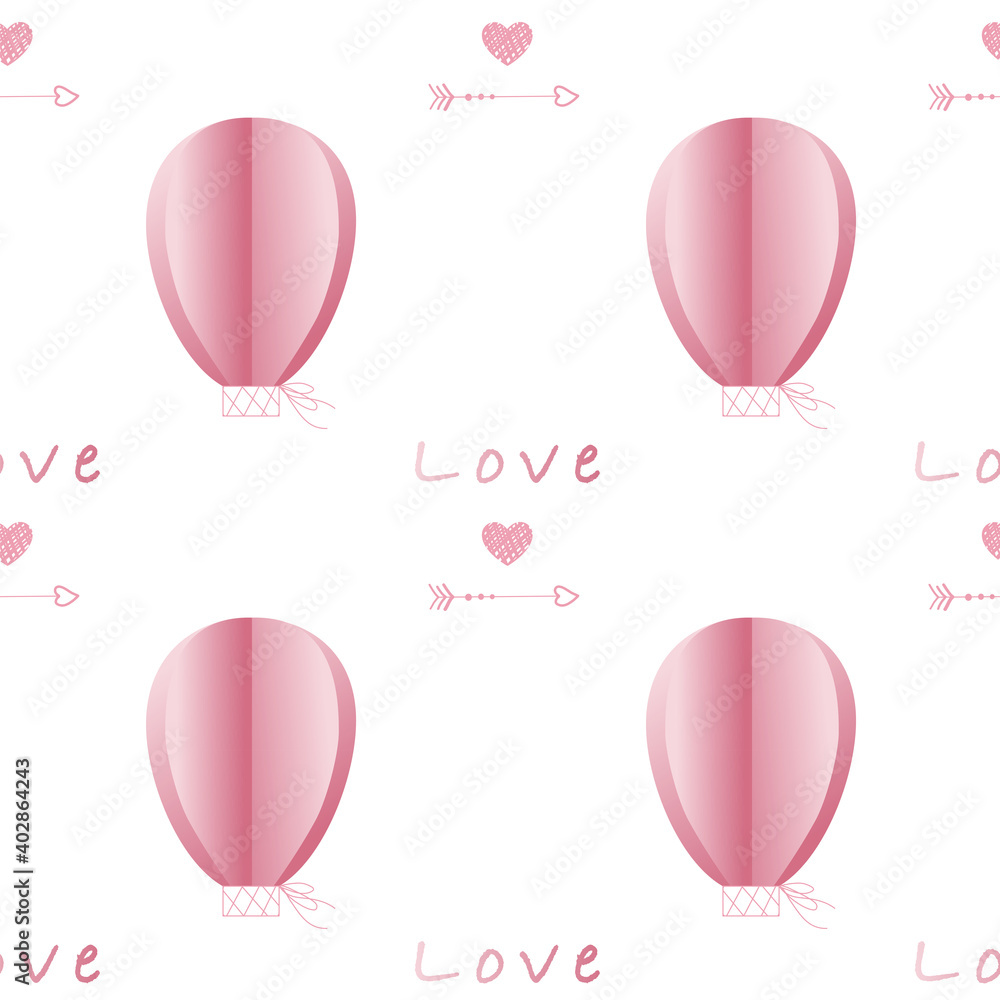 Vector cute valentine background with pink balloons and doodles. Simple Love seamless pattern with hearts, lettering and doodles for fabrics, paper, textile, gift wrap isolated on white background