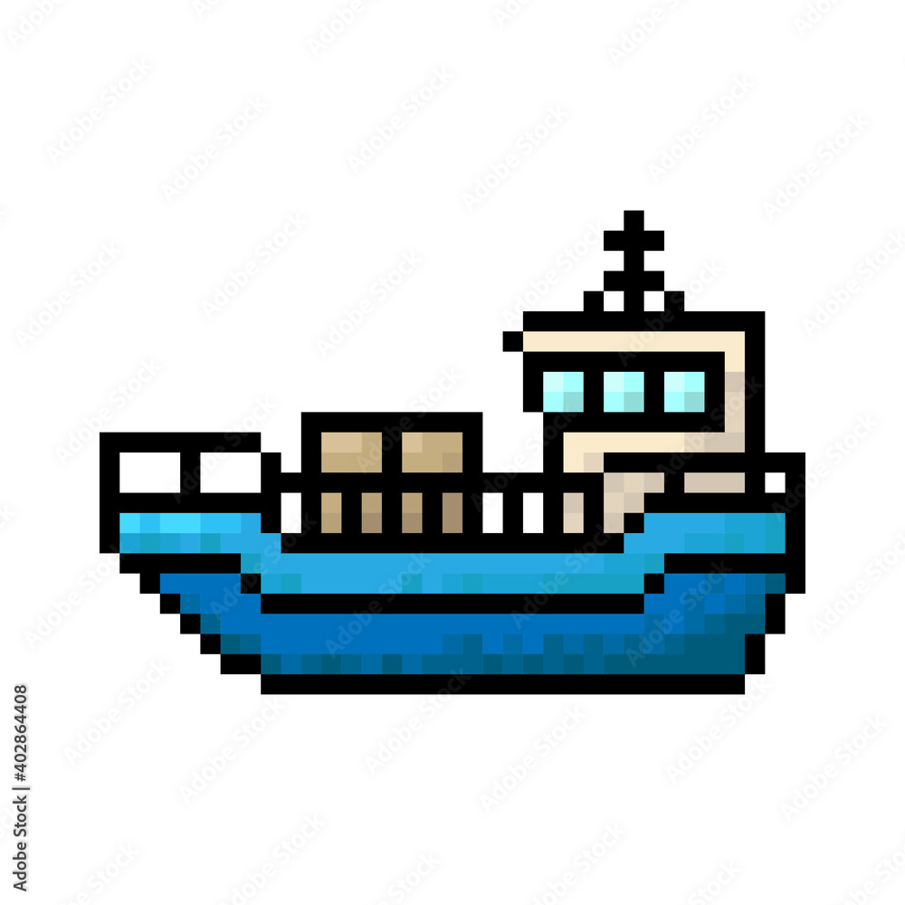 Pixel ship icon. Colored contour silhouette. Side view. Vector flat graphic illustration. The isolated object on a white background. Isolate.