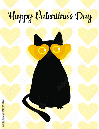 Fototapeta Naklejka Na Ścianę i Meble -  Black cat and yellow sunglasses with polka dots. Valentine's Day card. Pattern for fashionable prints on cups, textiles, clothes, notebooks. Vector illustration.