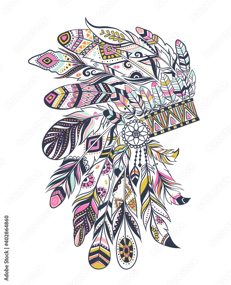 Naklejka premium Boho illustration with headdress from feathers, tribal vector background. Ideal for T-shirt prints