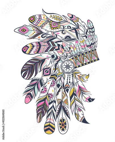 Boho illustration with headdress from feathers, tribal vector background. Ideal for T-shirt prints