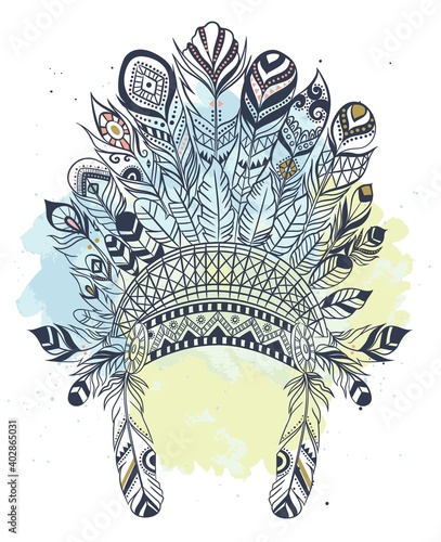 Boho illustration with headdress from feathers, tribal vector background. Ideal for T-shirt prints