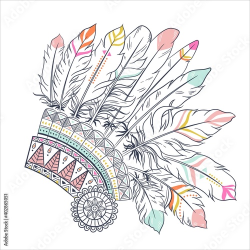 Boho illustration with headdress from feathers, tribal vector background. Ideal for T-shirt prints